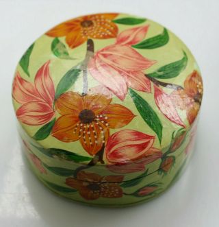 Vintage Pink Flower Floral Print Mache Lacquer Lidded Box Kashmir India Jewelry