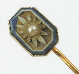 Antique 10k Yellow Gold Enamel Art Deco Pearl Hat Stick Brooch Pin