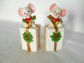 Cute Vintage Christmas Mice Sitting On Present Salt & Pepper Shakers