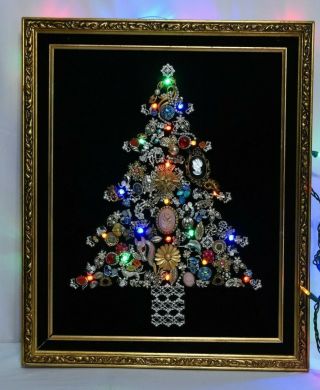 Vintage Framed Lighted Folk Art Jewelry Brooch Christmas Tree Wall Art 23 " X19 "