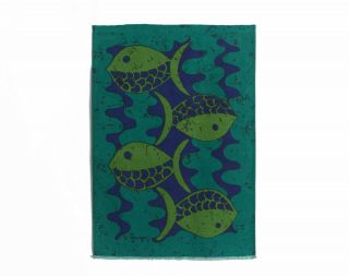 Vintage Retro 1960s 1970s Abstract Fish Fabric Panel / Wall Hanging - Signed