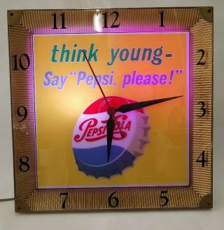 Vintage Pepsi Cola Think Young Say Pepsi Please Light Up Glass Wall Clock
