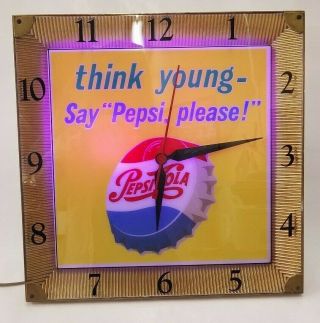 Vintage Pepsi Cola Think Young Say Pepsi Please Light Up Glass Wall Clock 2