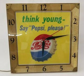 Vintage Pepsi Cola Think Young Say Pepsi Please Light Up Glass Wall Clock 3