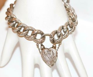 Antique Victorian Sterling Silver Repousse Puffy Heart Padlock Charm Bracelet 2