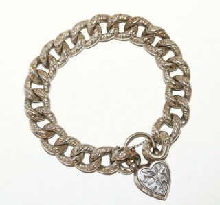 Antique Victorian Sterling Silver Repousse Puffy Heart Padlock Charm Bracelet 3