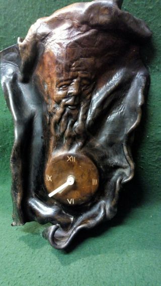Vintage Arts And Crafts Embossed Leather Wall Clock - Wizard / Old Father Time ?
