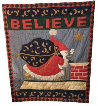 Vintage Mary Englebreit Quilt Christmas Santa Believe Hand Stitched Wallhanging