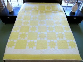 Vintage Feed Sack Cotton Hand Pieced & Quilted Yellow Star Thin Quilt; 76 " X 74 "