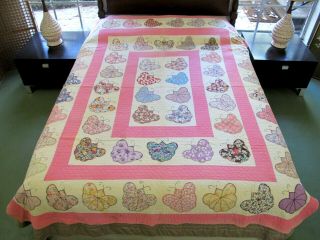 Vintage Feed Sack Hand Sewn Applique Butterfly Quilt,  87 " X 71 "
