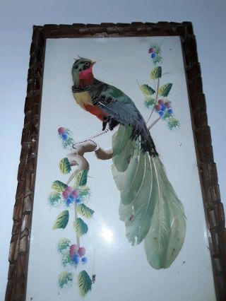 Vintage Mexican Feather Folk Art Bird Picture,  Carved Frame 16 X 10 Inches