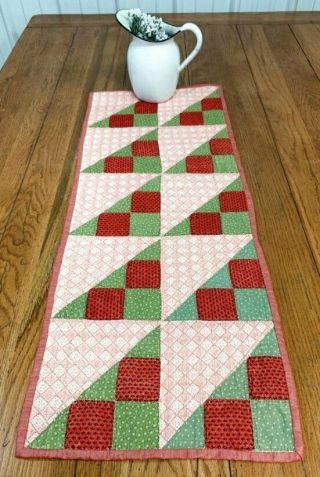 Red Green C 1890 - 1900 Jacobs Ladder Table Quilt Antique Runner 37 X 14