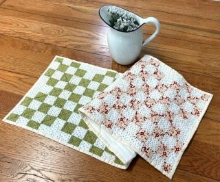 Red Green Antique C 1900 Checkerboard Quilt Table Runner 40 X 13 Gift