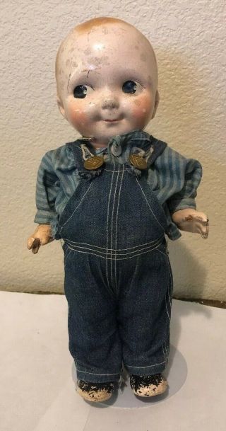 Antique Vintage Buddy Lee Doll With Jean Overalls,  Shirt & Stand As - Is 12.  5”