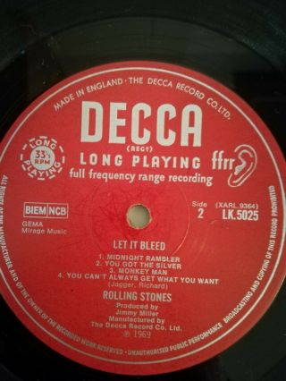 Rolling Stones 33rpm LP record.  Let it Bleed.  Decca LK.  5025.  First Press.  1969. 3