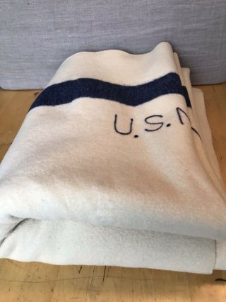 Vintage Us Navy Military Blanket Cream W Blue Stripe Wool Blanket 69” X 52”
