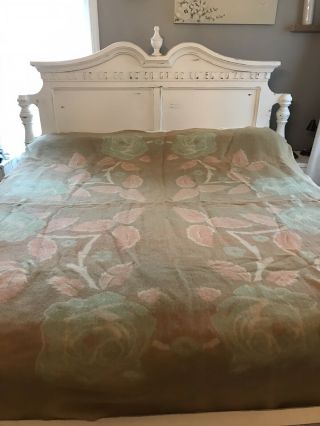 Vtg Orr Heath Reversible Wool Blanket Roses 76”x88” Green Pink