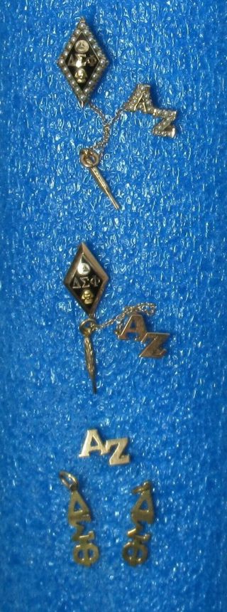 Vtg.  Delta Sigma Phi Fraternity Pins Lavaliers Set Gold,  Onyx,  Pearls 3