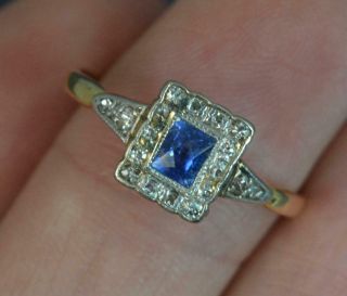 Art Deco 18ct Gold French Cut Sapphire & Diamond Cluster Ring C1930 D0622