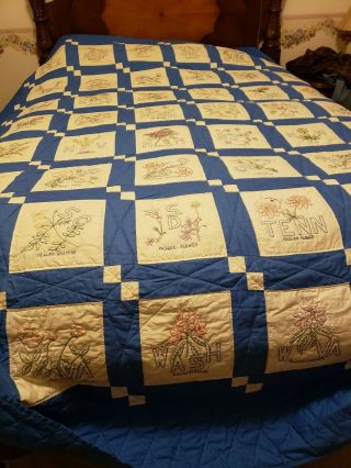 Vintage Quilt States & Flowers Embroidered Hand Sewn,  Quilted Huge 106 In.  X 86