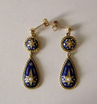 A Fine Quality Victorian 9ct Gold Enamel & Pearl Drop Earrings 9 Grams