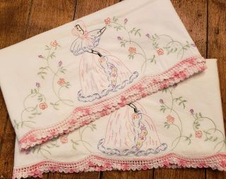 Pair Vintage Southern Belle Embroidered Pillowcases 20 X 28.  5 Crochet Lace