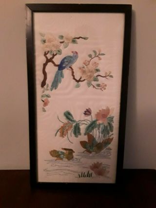 Embroidered Silk Framed Picture Bird & Flowers - Oriental Chinese/japanese?