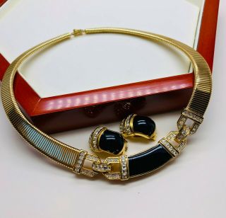 Vintage Signed Christian Dior Clear Crystal/black Enamel Necklace/earrings Set