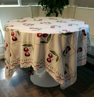 Vtg Red Cherries In Mid Century Pattern Cotton Tablecloth 62 " X 62 " Square