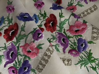 Exquisite Vintage Linen Hand Embroidered Tablecloth Anemones