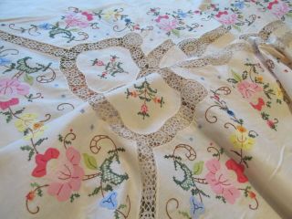 Vintage Hand Embroidered/applique/crochet Lace Huge Tablecloth/bed Cover - 117 " X65