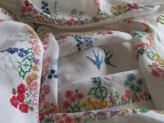 Vintage Hand Embroidered Tablecloth 66 " X63 - Blue Birds,  Miniature Floral