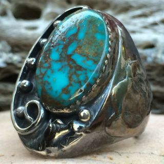Large Vintage Native American Navajo Web Turquoise Sterling Silver Ring Sz 11