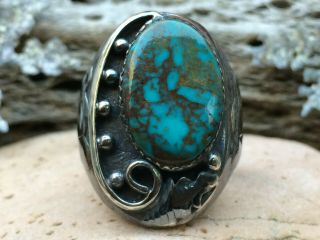LARGE VINTAGE NATIVE AMERICAN NAVAJO WEB TURQUOISE STERLING SILVER RING SZ 11 3