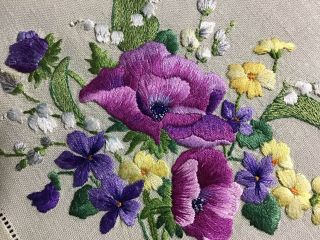 Stunning Vintage Linen Hand Embroidered Tray Cloth Anemones/lily Of The Valley