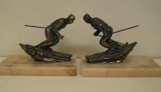 Unusual French Art Deco Spelter Bookends - Male Skiers On Marble Stand