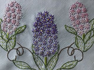 Gorgeous Vintage Irish Linen Hand Embroidered Tablecloth Hyacinths