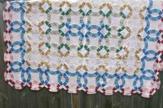 Vintage Patchwork Quilt,  Double Wedding Ring,  Hand Quilted