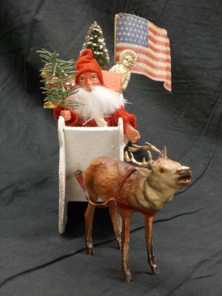 Antique/vintage German Santa,  Sleigh & Reindeer (glass Eyes),  Toys In Sleigh,  Vgc