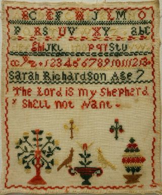 Small Mid/late 19th Century Motif Sampler By Sarah Richard Aged 7 - C.  1870