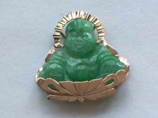 Vintage 14ct Gold Carved Chinese Green Jade Buddha Pendant