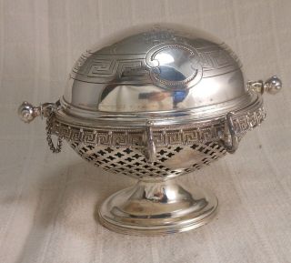 Antique Meriden Silver Plate Roll - Top Butter Dish W.  Reticulated Greek Key Edge