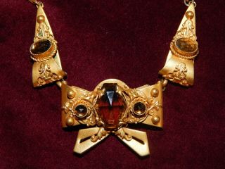 Vintage Art Deco Amber Glass Gilt Brass Bow Necklace Czech 1930 