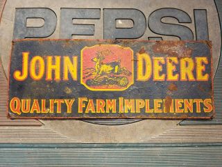 1930s Vintage John Deere Farm Implements Tin Tacker Sign Old Plow Tractor Wagon 2