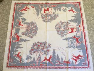 Vintage Mid Century 50s/60s Christmas Reindeer Square Tablecloth 34x31 Red