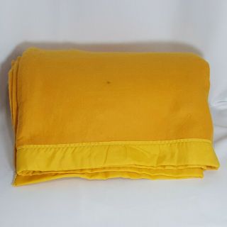 Vintage Acrylic Blanket Nylon Trim Dark Yellow Thick Twin Full 72x90