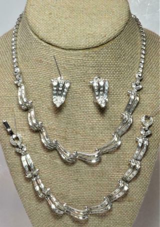 Signed Pennino Silvertone Clear Rhinestones Set Bracelet Necklace Clip Earrings