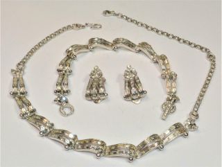 Signed PENNINO Silvertone Clear Rhinestones Set Bracelet Necklace Clip Earrings 2