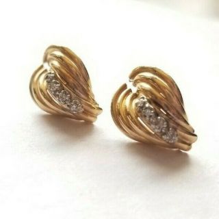 Vintage 14K Yellow Gold & Diamond Art Nouveau Leaf Design Post Earrings 1.  6 Gram 3