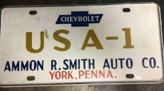 Vintage Usa - 1 License Plate Ammon R Smith Auto Co York,  Pa 1966 1970 Chevrolet